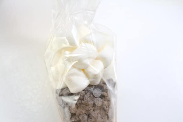marshmallows and chocolate chips in a cone shaped plastic bag on a white background