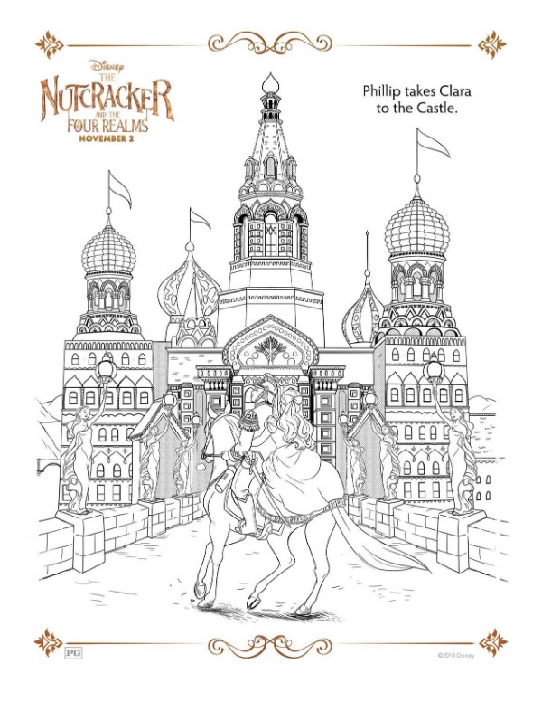 A Nutcracker printable coloring page for the character Phillip and Clara headed to the castle