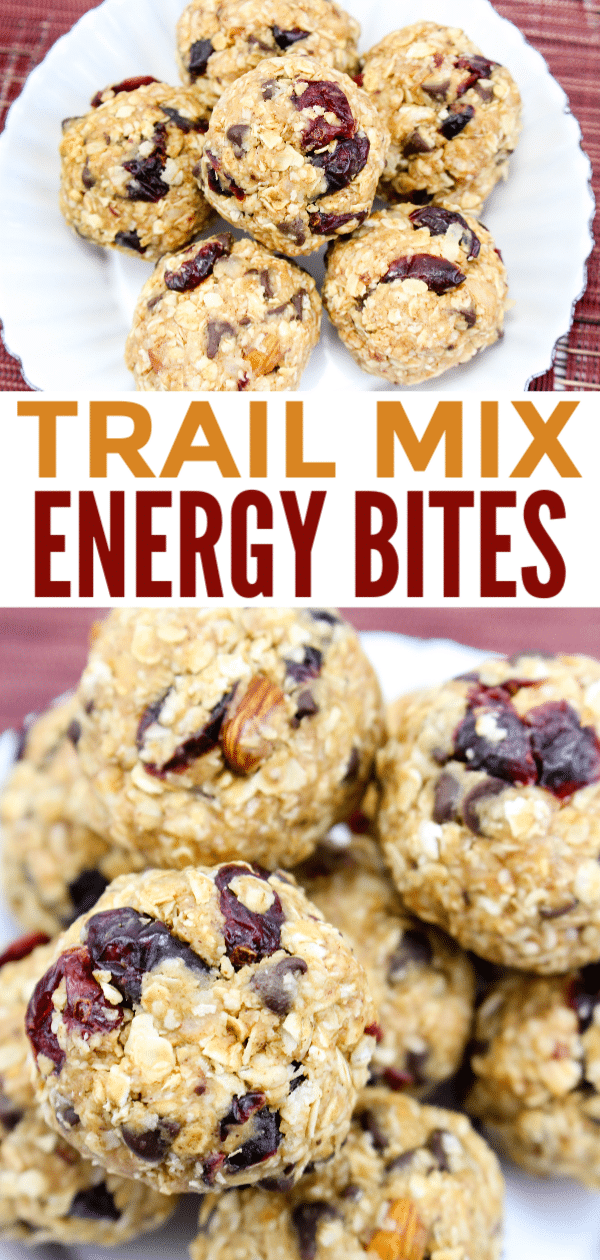 a collage of trail mix energy bites on a white plate
