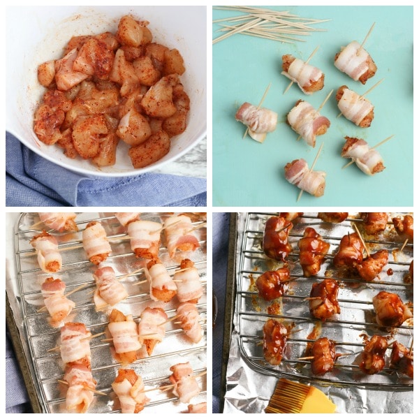 a collage of seasoned chicken, and chicken wrapped in bacon on a wire rack in a baking pan