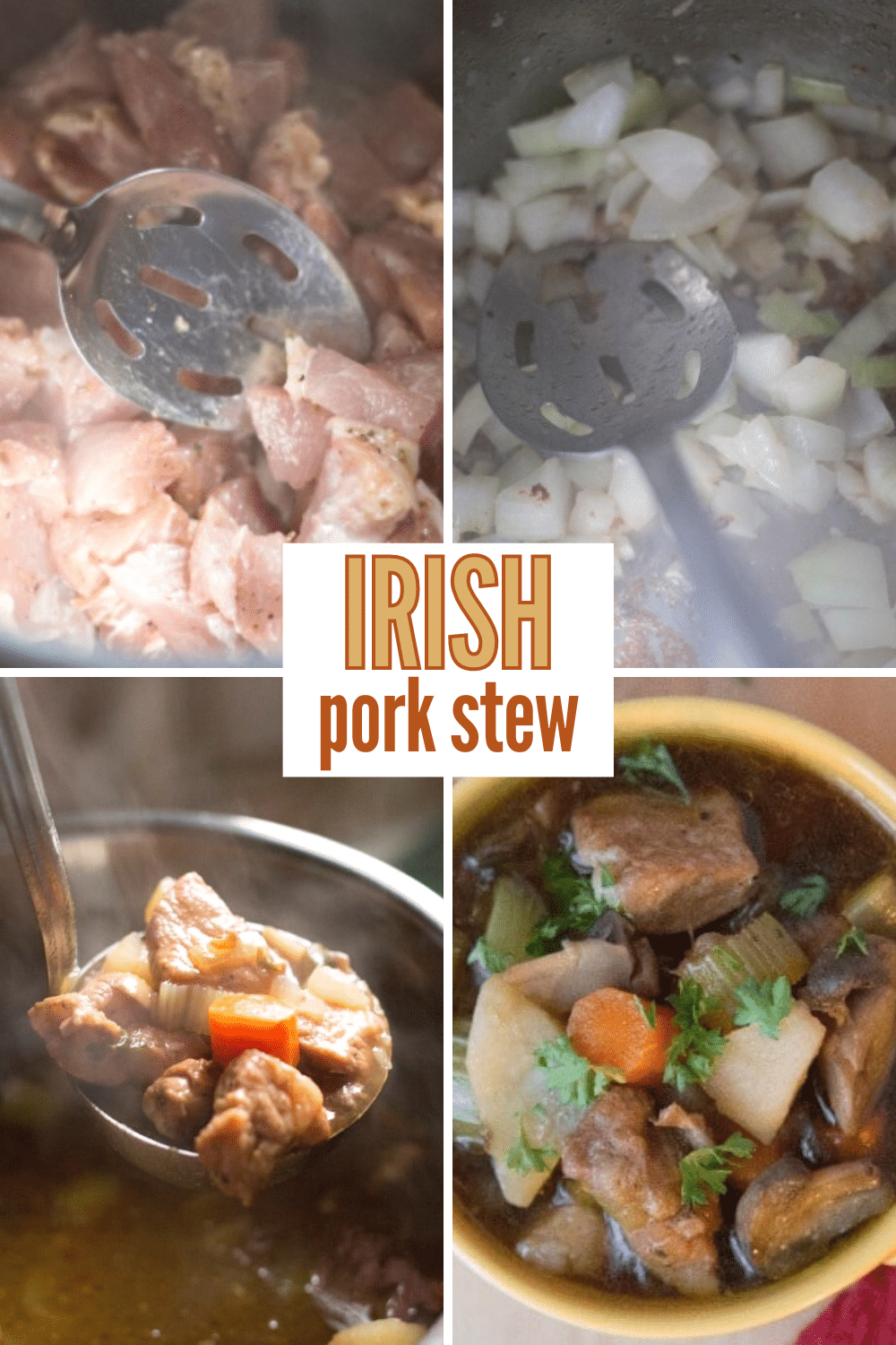 A mouthwatering collage of photos showcases the delectable and aromatic pressure cooker Irish pork stew.