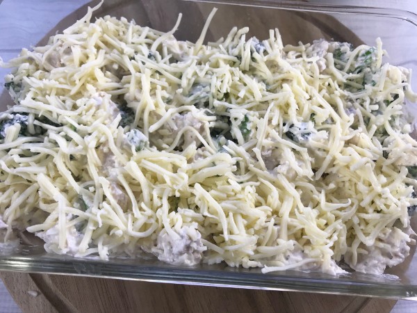 chicken broccoli casserole topped with shredded cheese in a glass baking dish