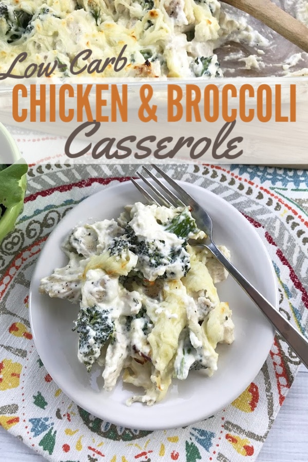 chicken broccoli casserole and a fork on a white plate on a cloth with title text reading Low-Carb Chicken & Broccoli Casserole