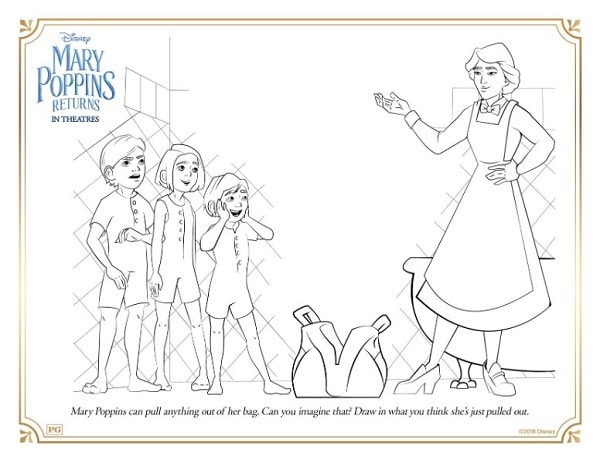 a coloring page with three kids and Mary Poppins and her magical bag