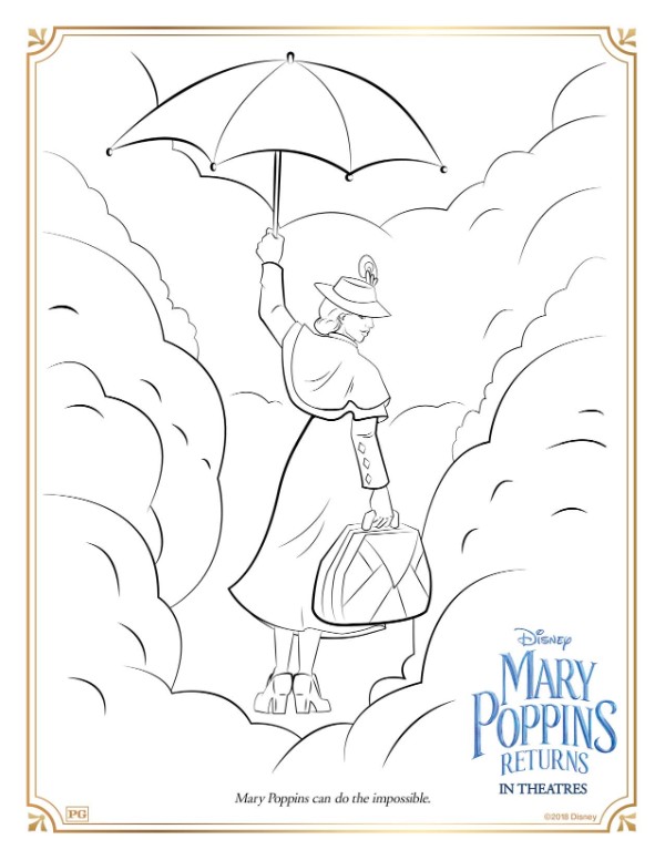 a coloring page with Mary Poppins standing in clouds holding a bag and an umbrells 