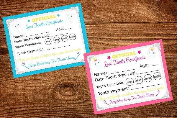 pink and blue framed Printable Tooth Fairy Letter on a table