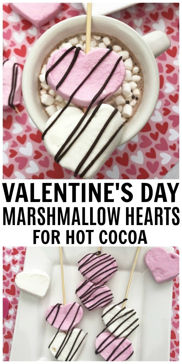 Valentine Hot Cocoa Marshmallow Hearts are a delicious way to dress up a mug of hot chocolate. These chocolate drizzled marshmallow hearts are easy to make. A perfect treat for Valentine's Day. #valentinesday #treats #marshmallows via @wondermomwannab