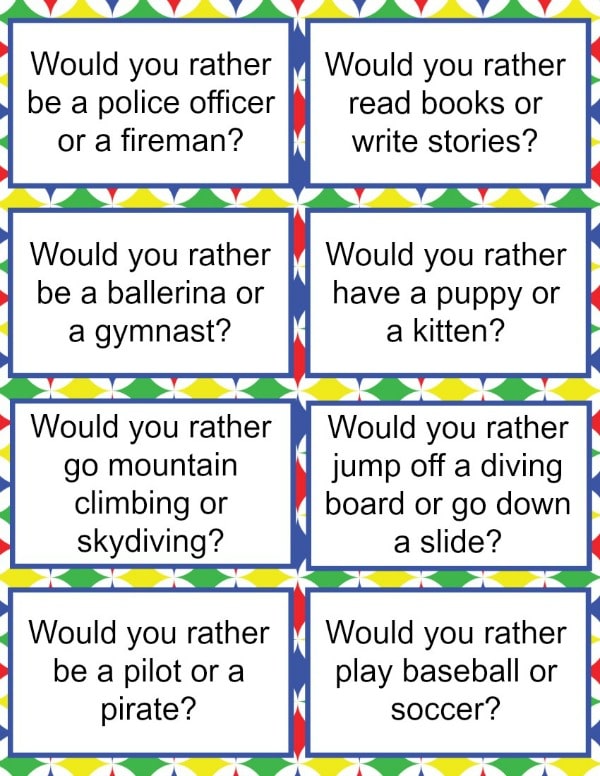Would You Rather Questions for Kids printable