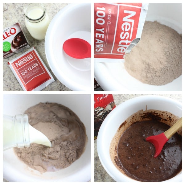 a collage of making cake, ingredients being poured and stirred into a mixing bowl
