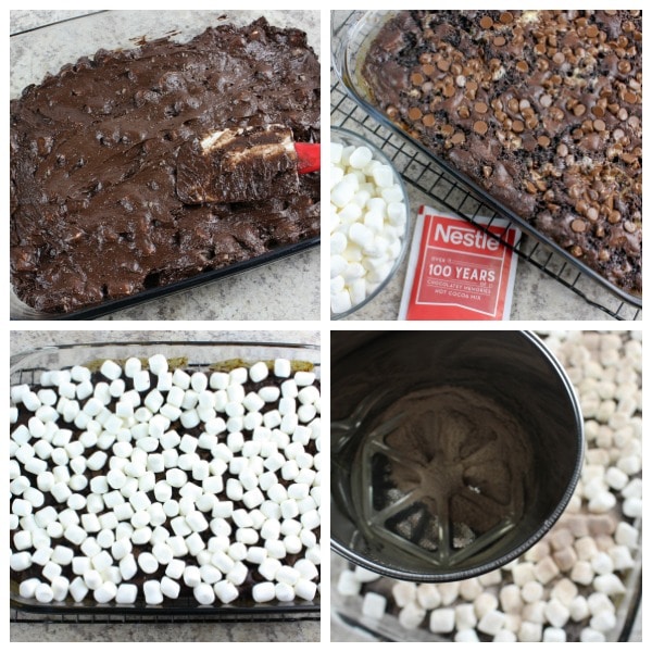 a collage of step by step directions to make a Hot Cocoa Chocolate Dump Cake