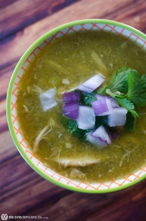 a bowl of chicken chile verde soup topped with purple onions