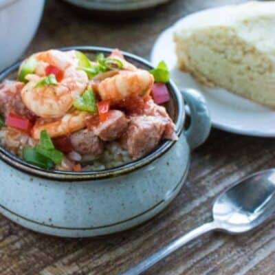 Instant Pot Shrimp and Grits in a bowl on a table.
