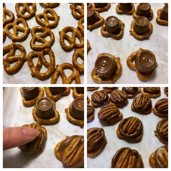 a collage of pretzels topped with a Rolo and a pecan