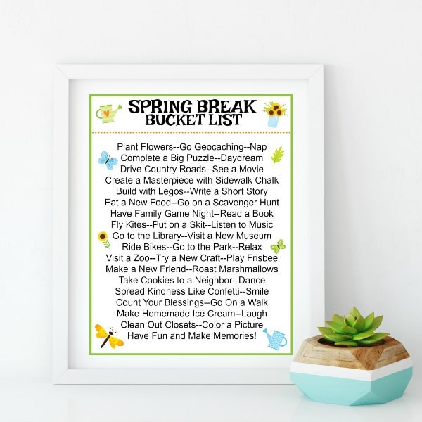 printable Spring Break Bucket List on a white background with a plant next to it