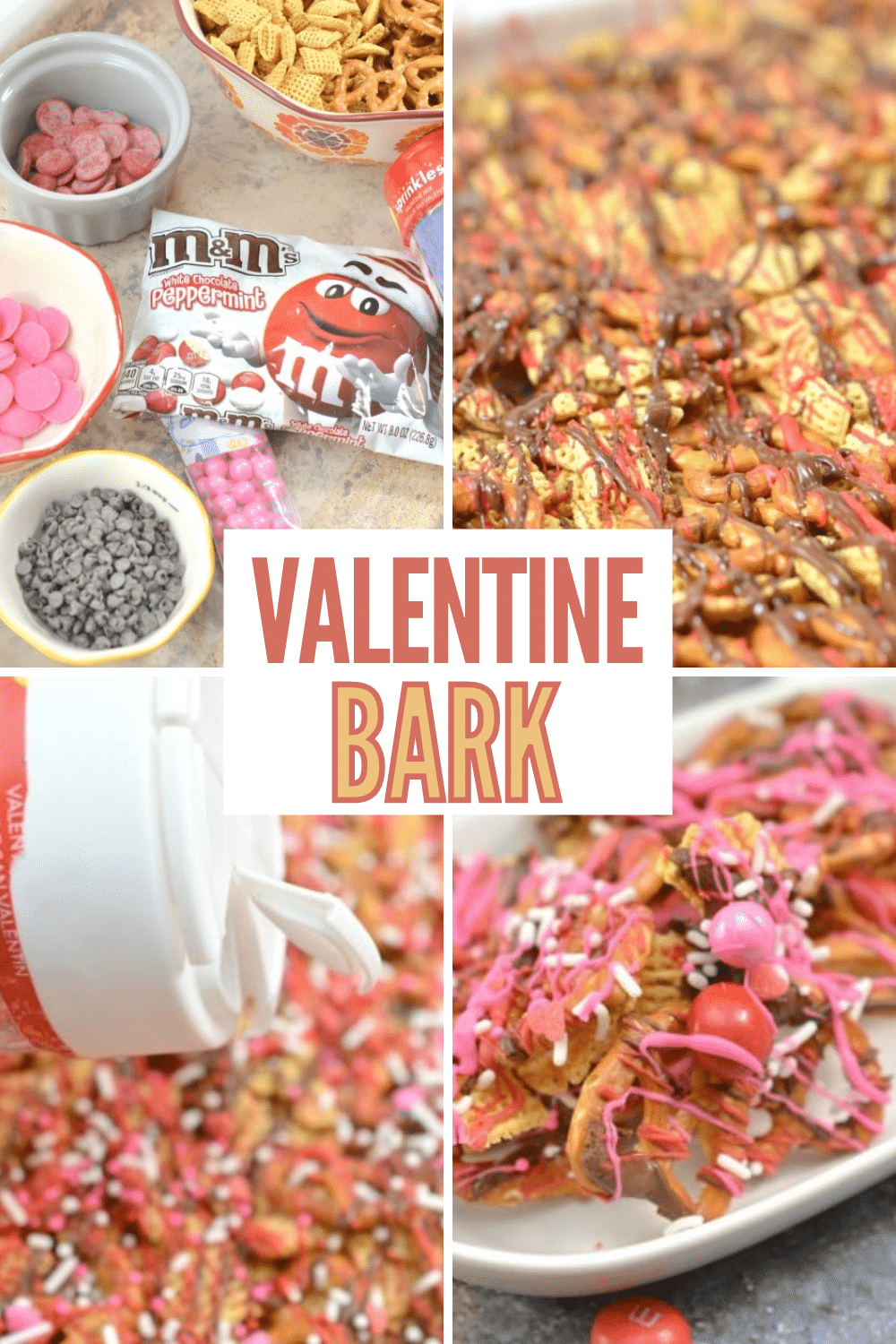 Valentine Bark is an easy Valentine's Day snack mix that is crunchy, sweet and salty. This Valentine's Day Bark is perfect for school parties. #bark #ValentinesDay #treats #dessert via @wondermomwannab