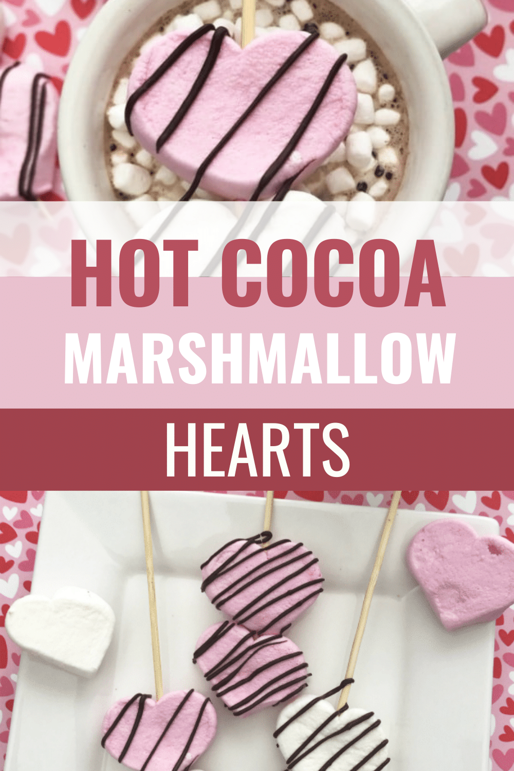 Valentine Hot Cocoa Marshmallow Hearts are a delicious way to dress up a mug of hot chocolate. These chocolate drizzled marshmallow hearts are easy to make. A perfect treat for Valentine's Day. #valentinesday #treats #marshmallows via @wondermomwannab