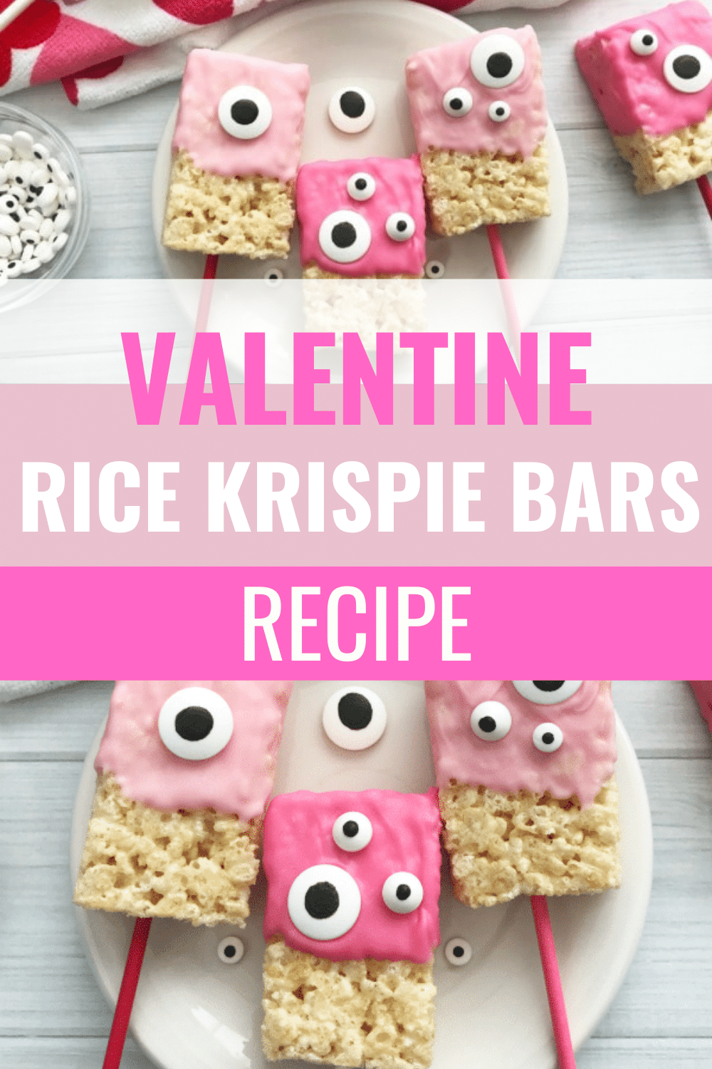 Valentine Rice Krispie Bars are easy to make with candy melts and candy eyes. These monster themed Valentine's Day treats will be a hit. #valentinesday #ricekrispie #monsters via @wondermomwannab