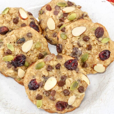Trail mix cookies arranged on a plate