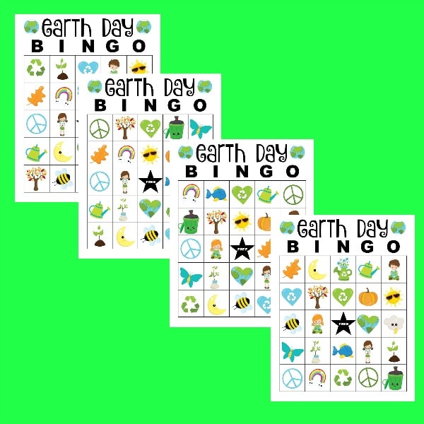 printable Earth Day Bingo cards on a green background