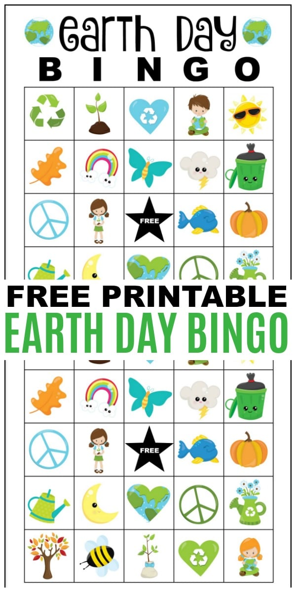 printable Earth Day Bingo cards with title text reading Free Printable Earth Day Bingo