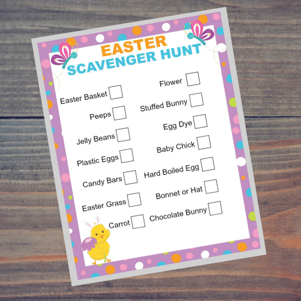 printable Easter Scavenger Hunt on a wood table
