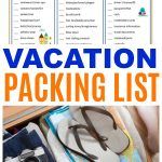 Vacation Packing List photo collage with printable on top and suitcase packed on bottom
