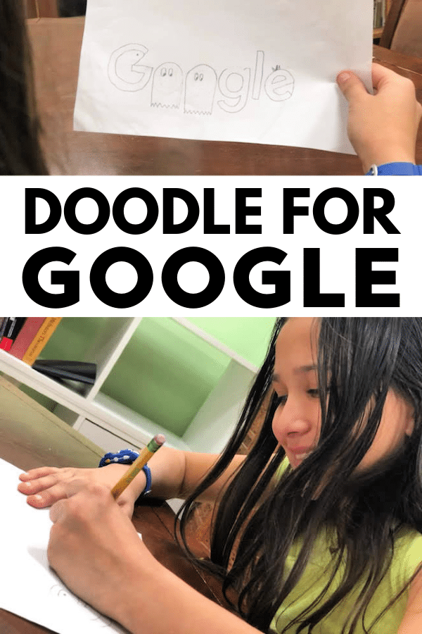 top image of a doodle of the word Google, bottom image of a girl drawing the doodle, with title text reading Doodle For Google