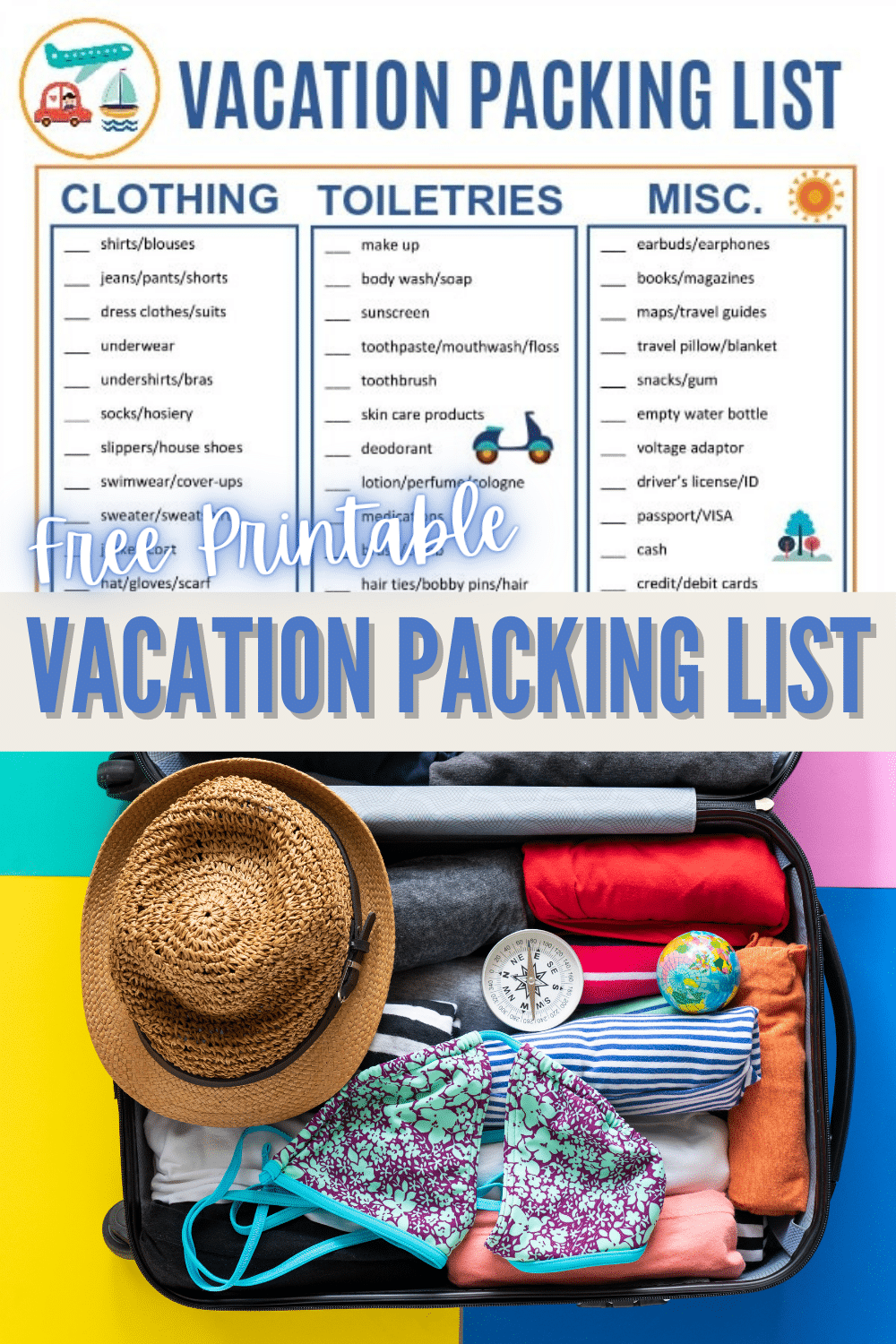 This printable Vacation Packing List will help keep you organized so you can relax while you travel. You won't forget anything important with this list. #printable #travel #packinglist via @wondermomwannab