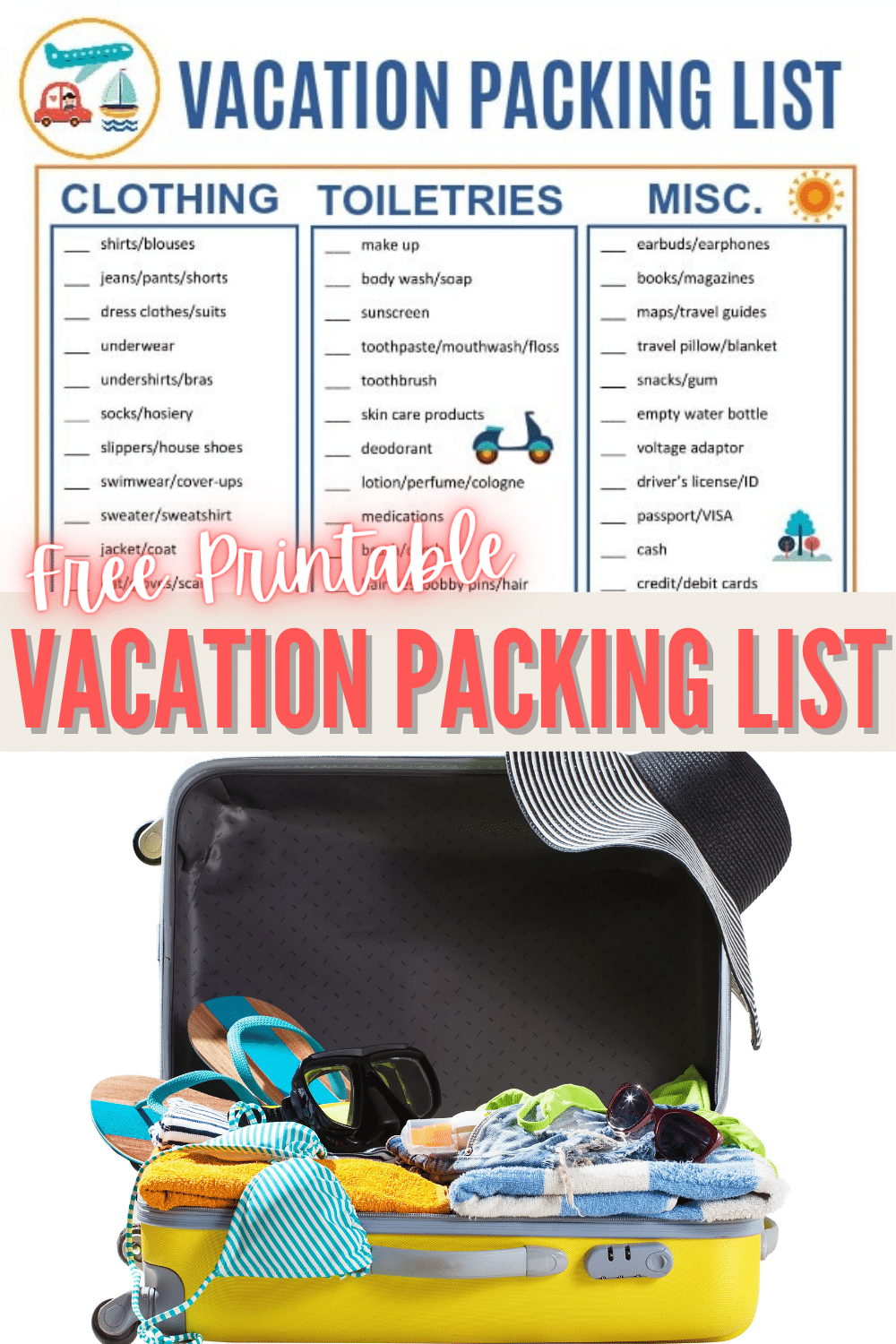 This printable Vacation Packing List will help keep you organized so you can relax while you travel. You won't forget anything important with this list. #printable #travel #packinglist via @wondermomwannab