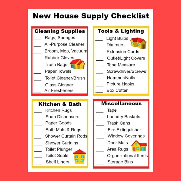 printable new house supply checklist on a red background
