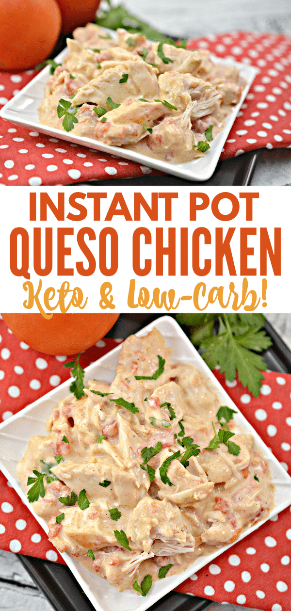 queso chicken on a white plate on a red and white polka dot linen with title text reading Instant Pot Queso Chicken Keto & Low-Carb!
