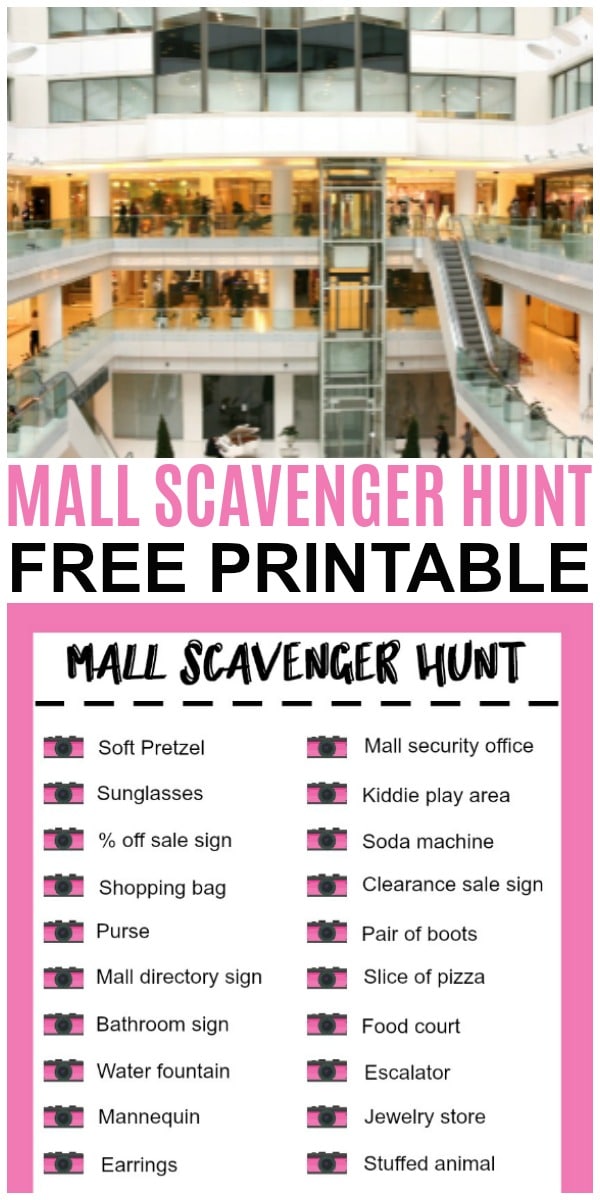 printable Mall Scavenger Hunt and a shopping mall with title text reading Mall Scavenger Hunt Free Printable