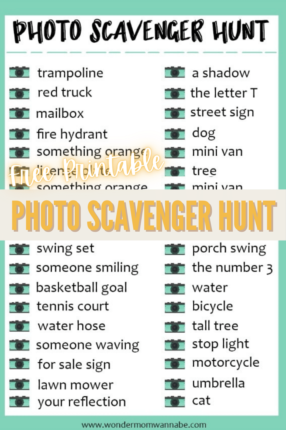 A photo scavenger hunt is a great activity for kids and adults. You can print off this free printable photo scavenger hunt list and play over and over. #scavengerhunt #printables #activitiesforkids via @wondermomwannab