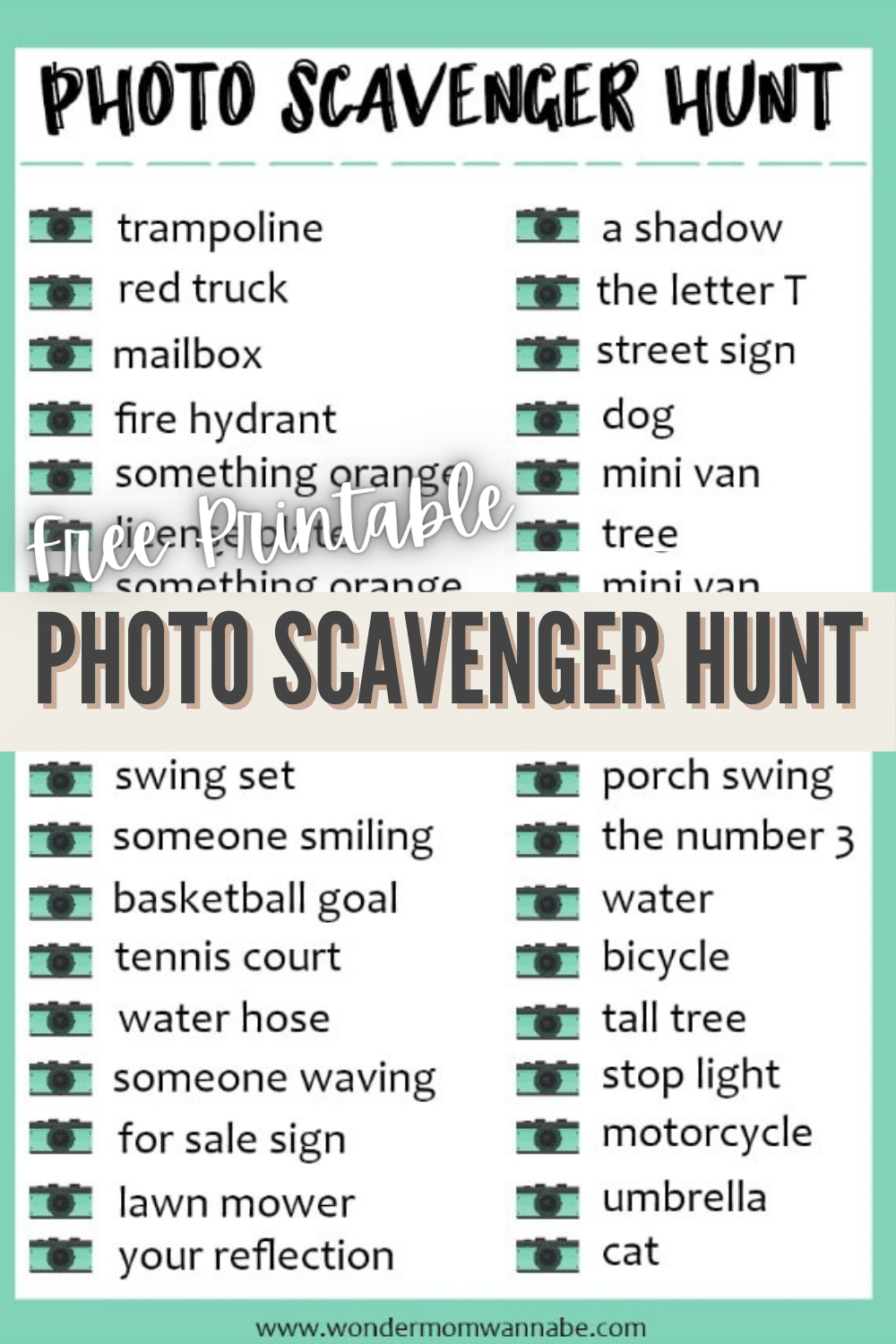A photo scavenger hunt is a great activity for kids and adults. You can print off this free printable photo scavenger hunt list and play over and over. #scavengerhunt #printables #activitiesforkids via @wondermomwannab