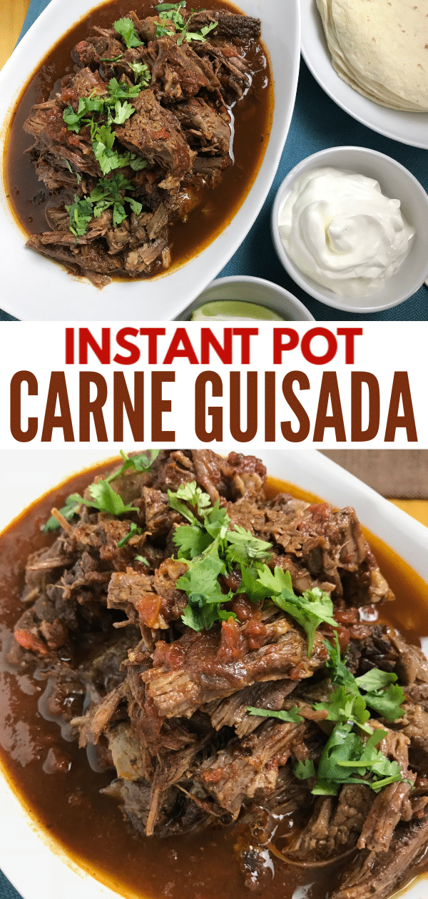 a collage of carne guisada with title text reading Instant Pot Carne Guisada