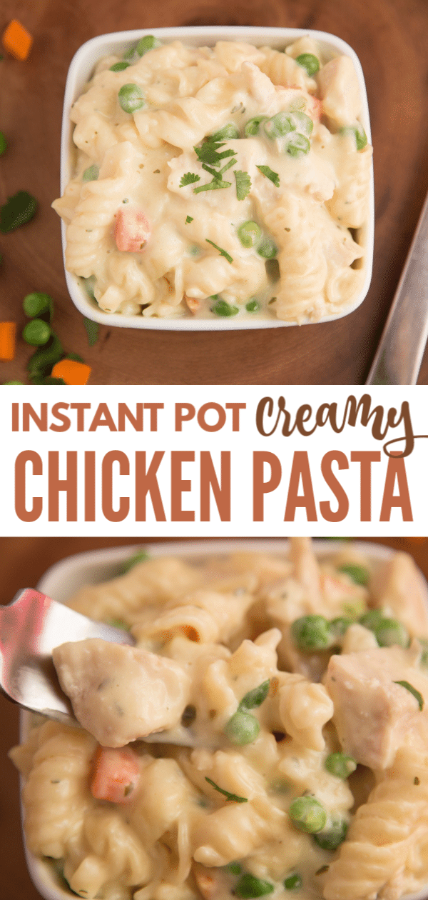 This Instant Pot Creamy Chicken Pasta is a lifesaver on busy nights! Made with ingredients you probably already have on hand, ready in under 30 minutes, and so creamy and delicious, everyone in the family will love it! #easydinner #instantpot #pressurecooker #chicken #pasta #wondermomwannabe via @wondermomwannab
