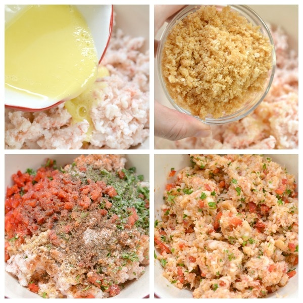 a collage of how to make Keto Lobster Cakes, pouring butter on lobster, adding ingredients and mixing