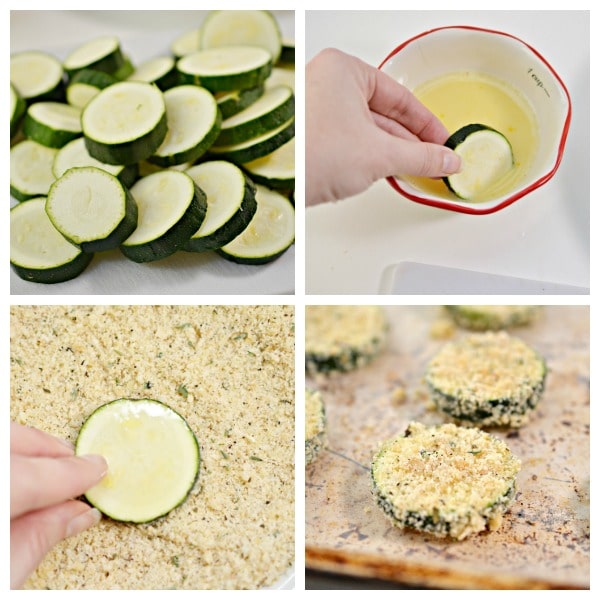 a collage of zucchini slices being dipped in egg and bread crumbs