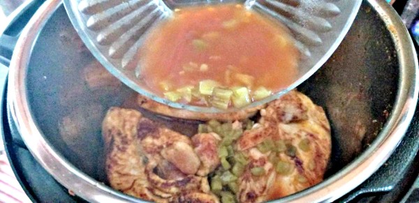 enchilada sauce being poured from a glass bowl over chicken breasts in Instant Pot