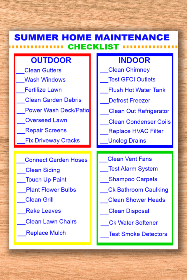 printable Summer Home Maintenance Checklist on a brown background