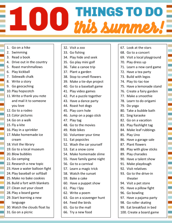 100 Things To Do This Summer printable