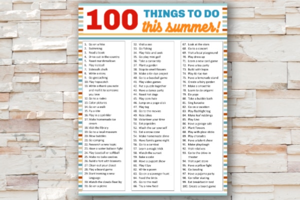 100 Things To Do This Summer printable on a brick background