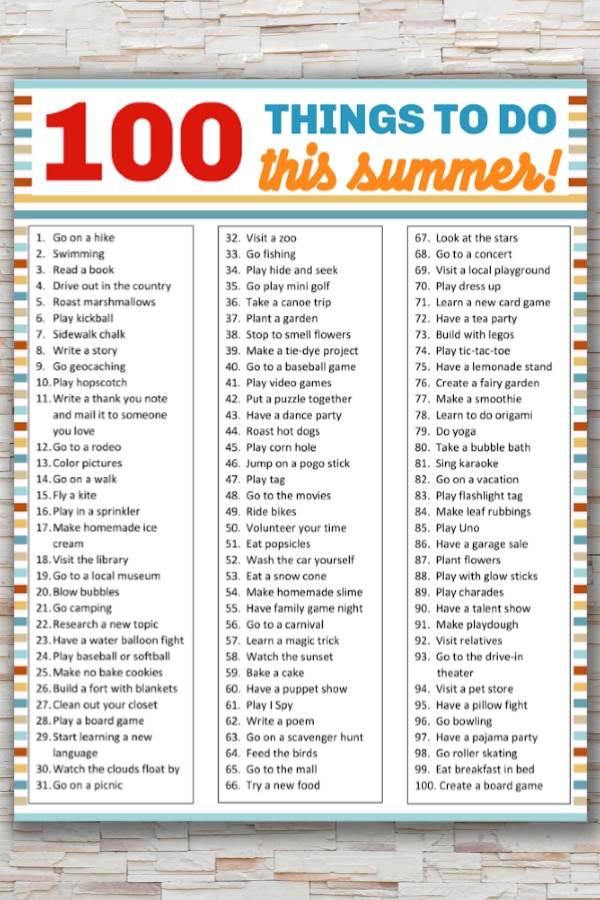 100 things to do this summer printable
