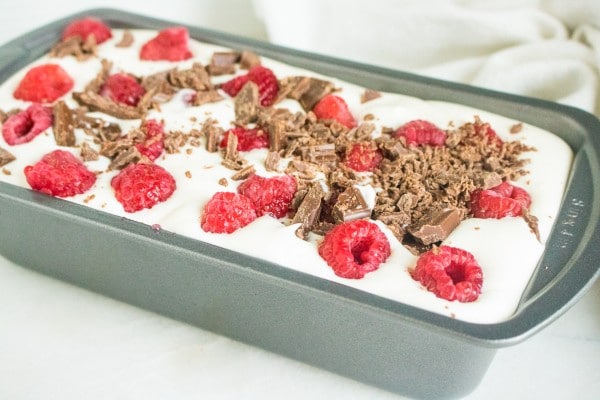 homemade chocolate chunk raspberry ice cream in a freezer pan