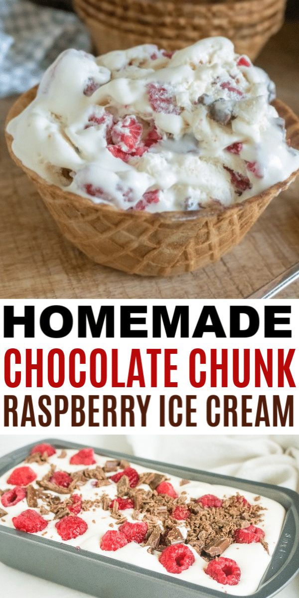 This easy homemade chocolate chunk raspberry ice cream recipe is so delicious. This is a great sweetened condensed ice cream recipe! #icecream #nochurn #chocolate via @wondermomwannab