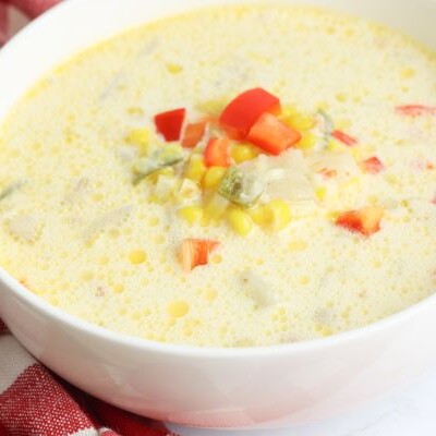 close up of bowl of Instant Pot Corn Chowder