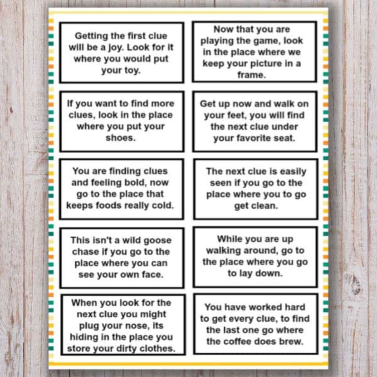 printable Treasure Hunt Clues for Kids on a wood background.