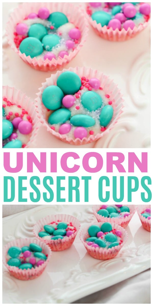 pink and green candy in paper muffin cups on a white plate with title text reading Unicorn Dessert Cups