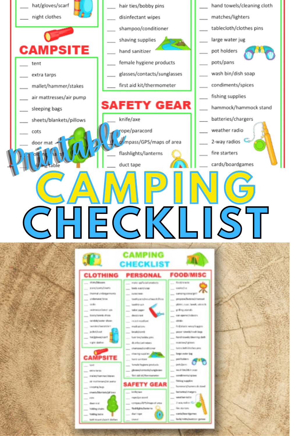2 different images of a printable camping checklist
