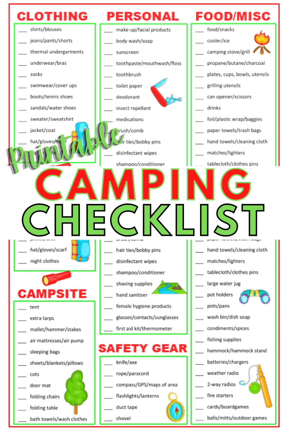 A camping checklist printable will help you make sure you get to the camp site with all the supplies you need for a successful camping trip! #camping #printables #checklist via @wondermomwannab